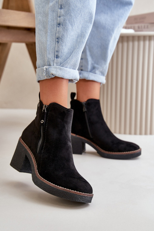 Insulated Women's Ankle Boots on a Heel Made of Eco Suede Black Velarilla