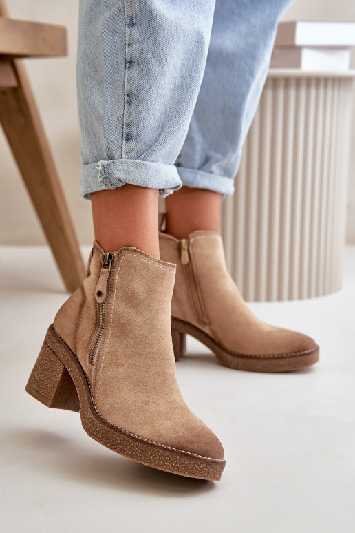 Insulated Women's Ankle Boots on a Heel Made of Eco Suede Beige Velarilla