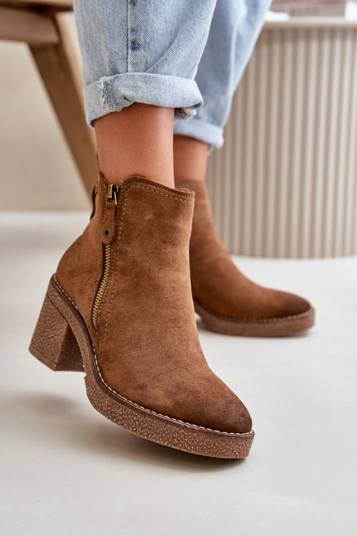 Insulated Women's Ankle Boots on a Heel Made of Eco Suede Brown Velarilla