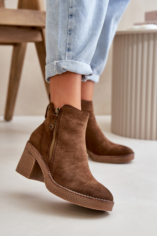 Insulated Women's Ankle Boots on a Heel Made of Eco Suede Dark Brown Velarilla