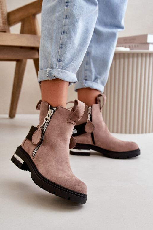 Warm Ladies Ankle Boots With Zipper Dark Beige Calvaro