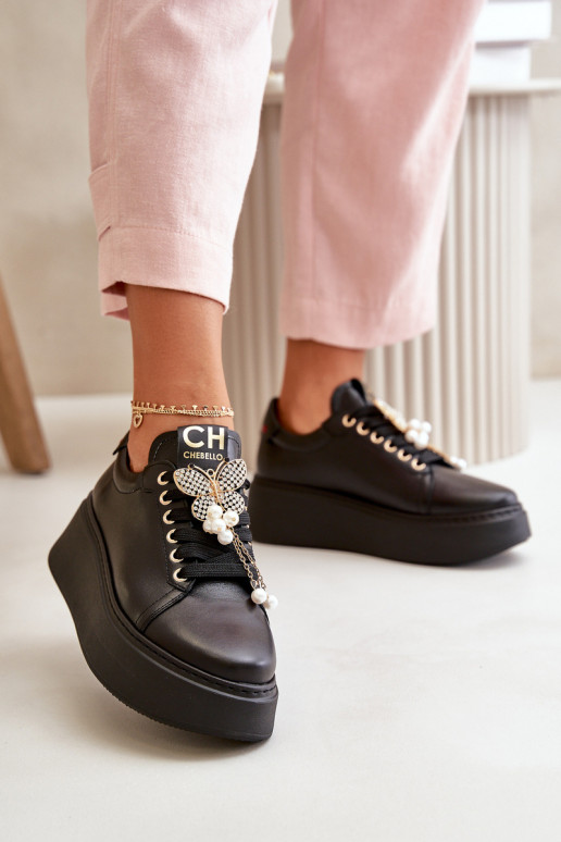 Women's Leather Sneakers On The Platform With Butterfly CheBello 4585 Black