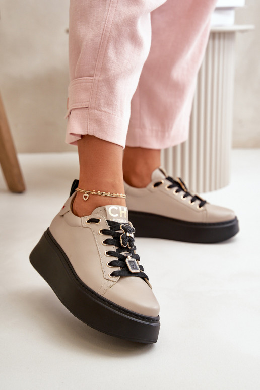 Women's Leather Sneakers With Pins On The CheBello Platform 4596 Beige