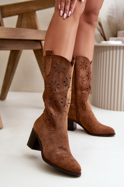 Women's Openwork Mid-Calf Boots Made of Eco Suede Brown Nevilos