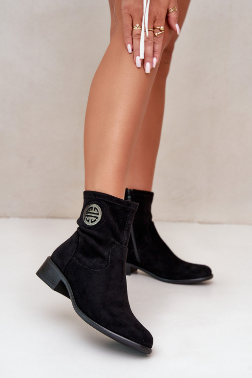 Women's Ankle Boots Fastened With A Zipper With A Decorative Detail Eco Suede Black Lerioria