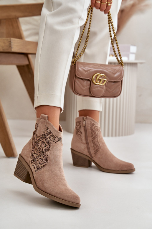 Openwork Ankle Boots Cowboy Boots With Zipper Eco Suede Beige S.Barski HY42-944