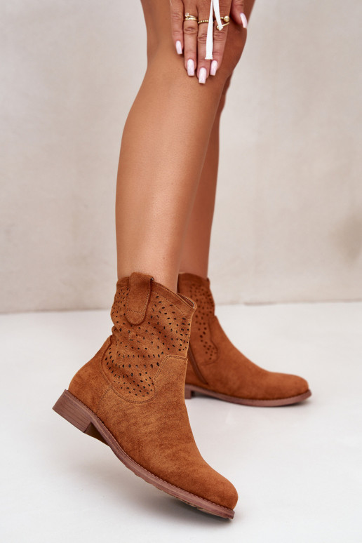 Women's Perforated Ankle Boots on Flat Heel Camel S.Barski HY42-135