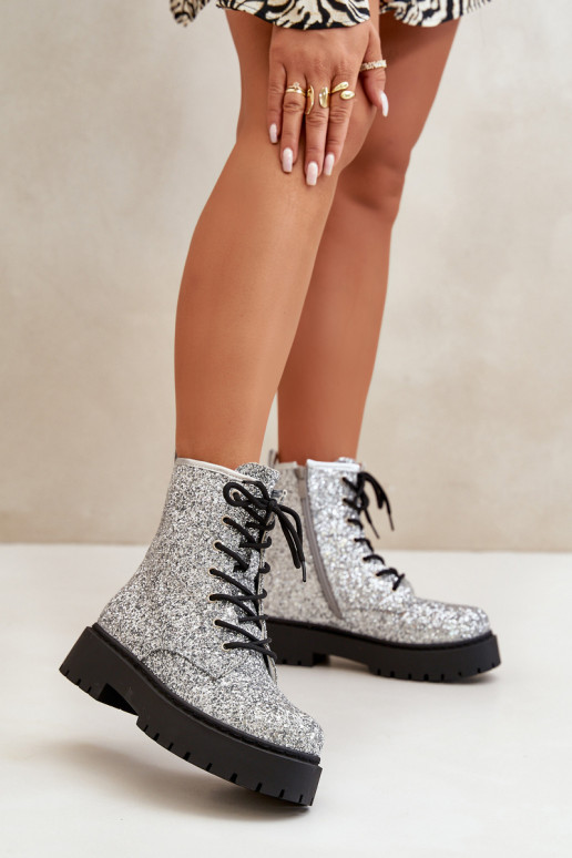 Insulated Worker Ankle Boots for Women Decorated with Sequins Silver Liatheine