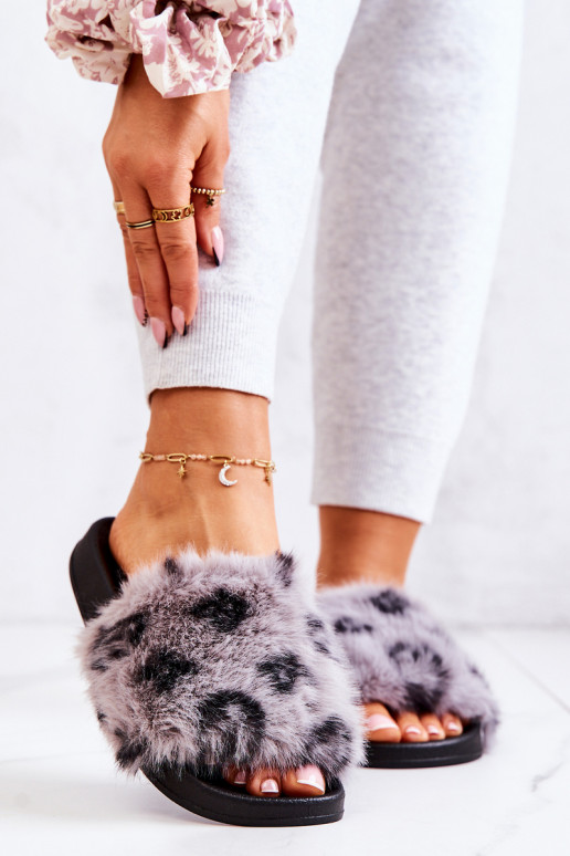 Slippers With Fur Rubber Leopard Gray Noelle