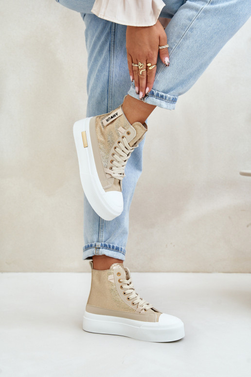 Women's High Sneakers On Platform Beige-Gold Averira