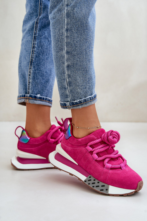 Suede Women Sneakers On Platform With Thick Lacing Fuchsia Artiker 55C0086