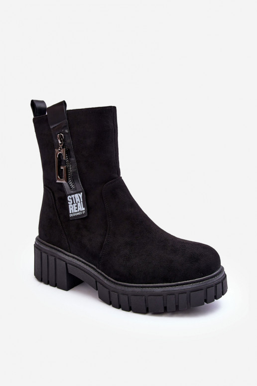 Women's Massive Suede Boots on a Flat Heel Black Lunai