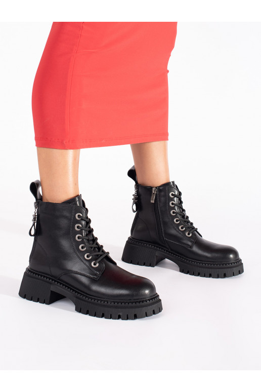 Leather black tied women's boots