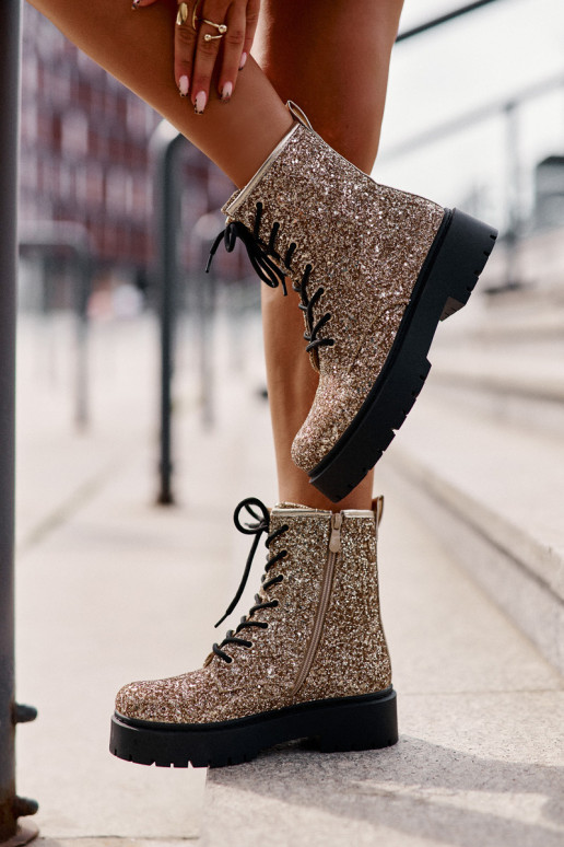 Insulated Worker Ankle Boots for Women Decorated with Sequins Gold Liatheine