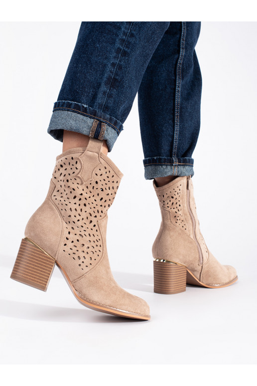 with elements of openwork boots cowboy boots beige on the heel