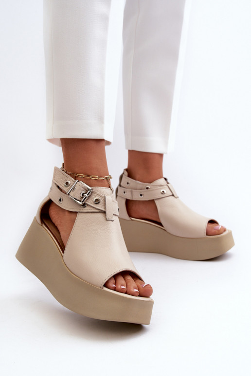 Zazoo 1732 Leather Wedge Sandals Beige