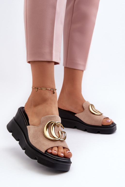 Women's Flip-Flops Made of Eco Suede on a Wedge and a Platform with a Gold Decoration, Beige Iaria