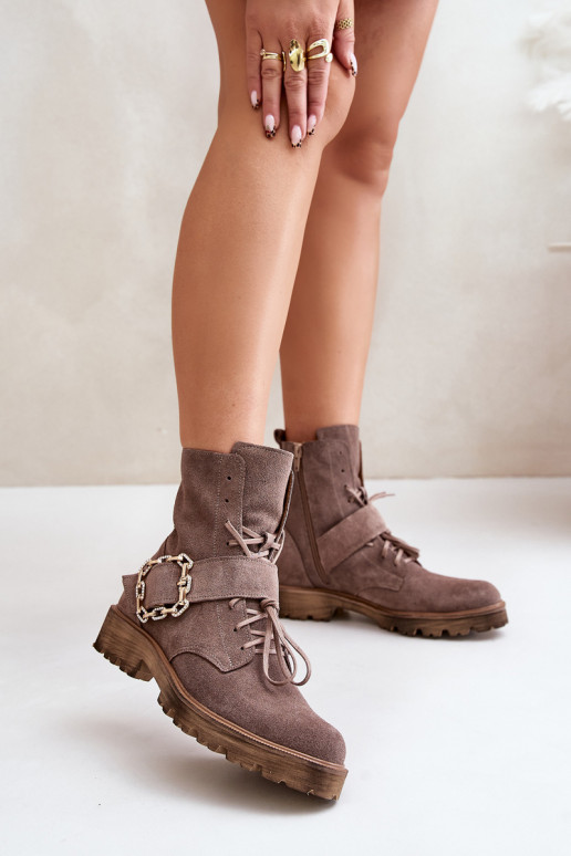 Zazoo 2951 Suede Ankle Boots With Decorative Buckle Dark Beige