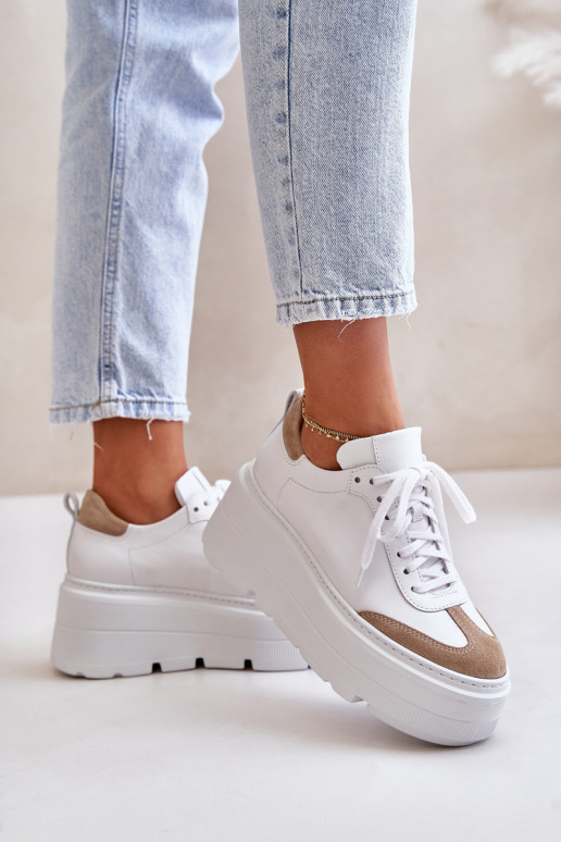 Leather Sneakers On Chunky Platform White-Beige Lewski 3635/X