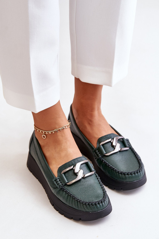 Leather Moccasins On Platform With Decoration Dark Green Zazoo 10141