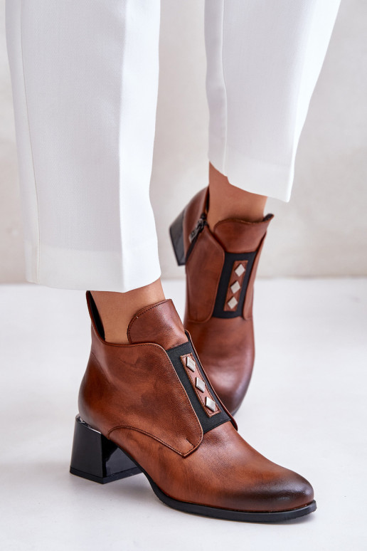 Zazoo 60504 Leather Ankle Boots On Block Warm Brown