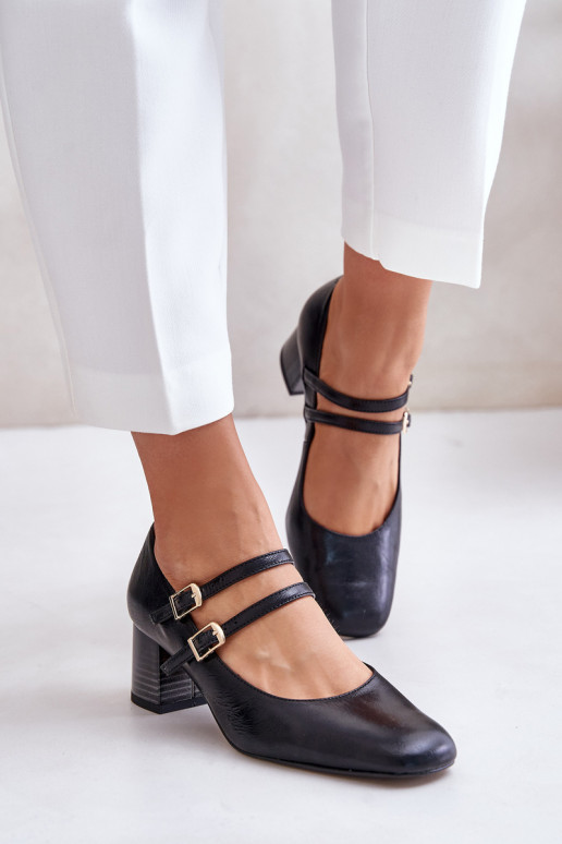 Leather Heels With Straps On The Block Black Laura Messi 2857