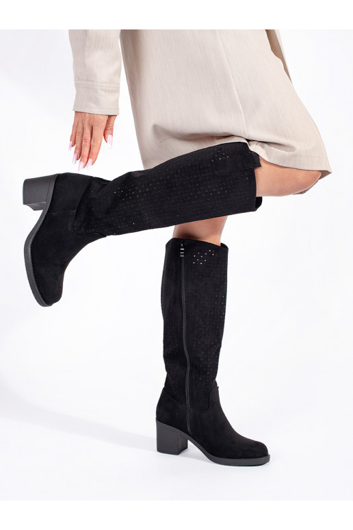 with elements of openwork black jackboots of suede