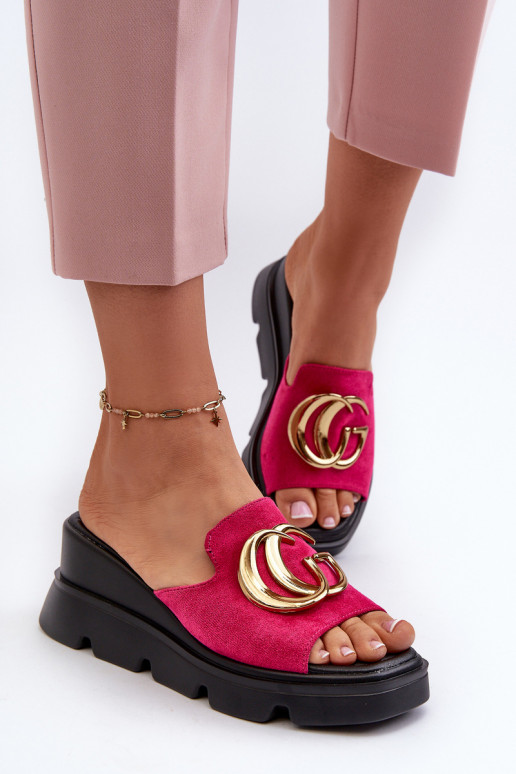 Women's Flip-Flops Made of Eco Suede On a Wedge and a Platform With Gold Decoration Fuchsia Iaria