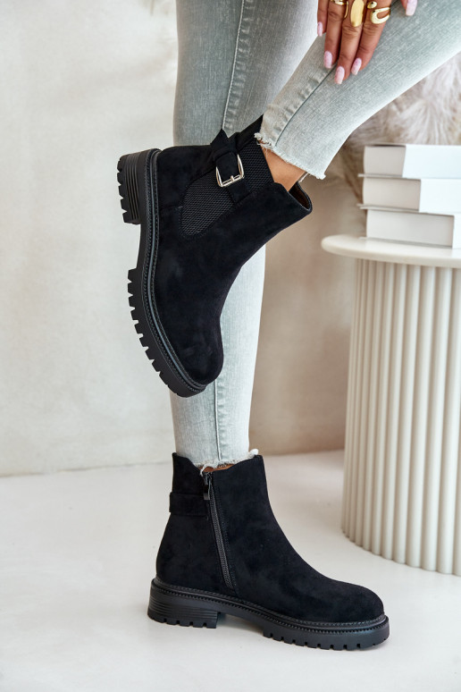 Insulated ankle boots with zipper and buckle black Kikiella