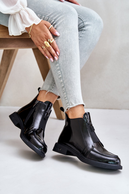 Leather Patent Ankle Boots For Women With Zipper D&A JC42-24 Black