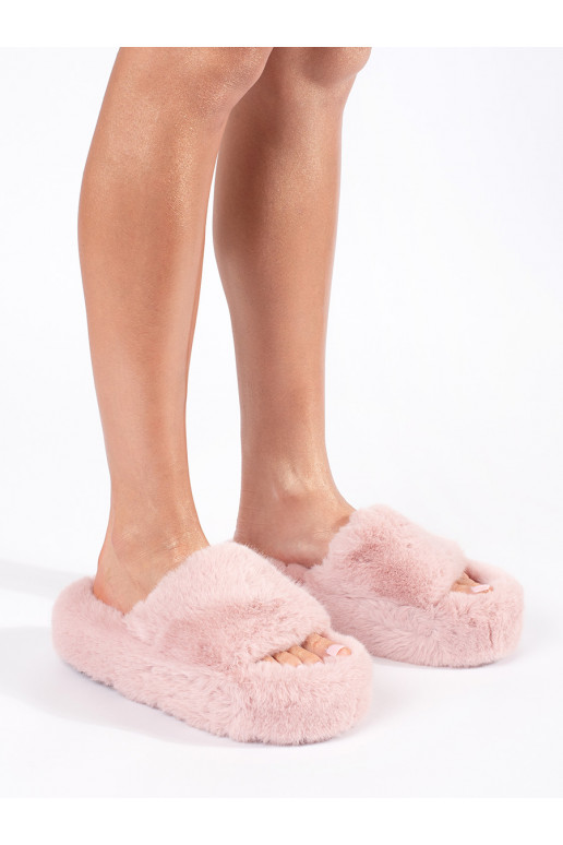 pink futrzane slippers  domowe with platform