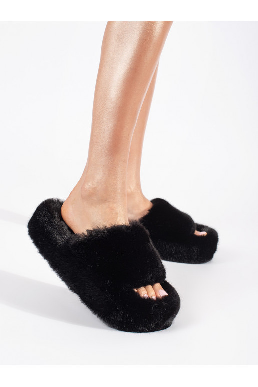 black futrzane slippers  domowe with platform