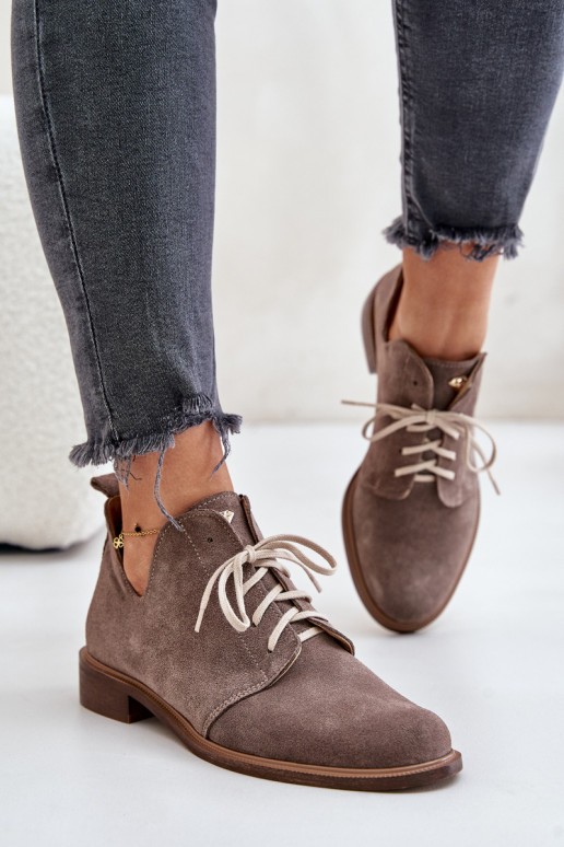 Zazoo 2959 Suede Oxfords Lace-Up Flat Heels Dark Beige