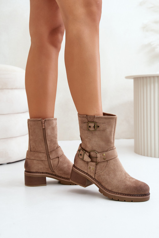 Womens Low Heel Boots With Buckles Dark Beige Zudra