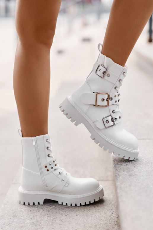 Eco Leather Ankle Boots Workers With Buckles White Serizia