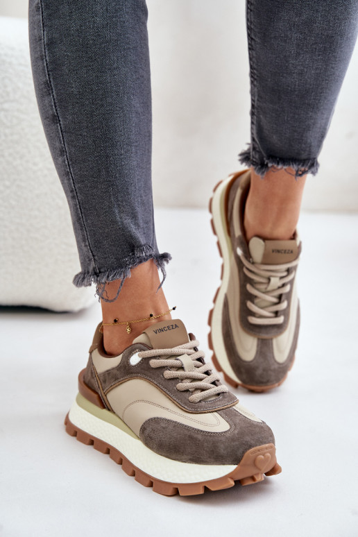 Women's Platform Sneakers Made Of Natural Leather Beige Vinceza 41465