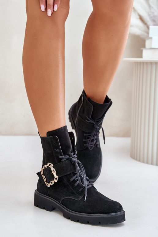 Zazoo 2951 Suede Ankle Boots With Decorative Buckle Black