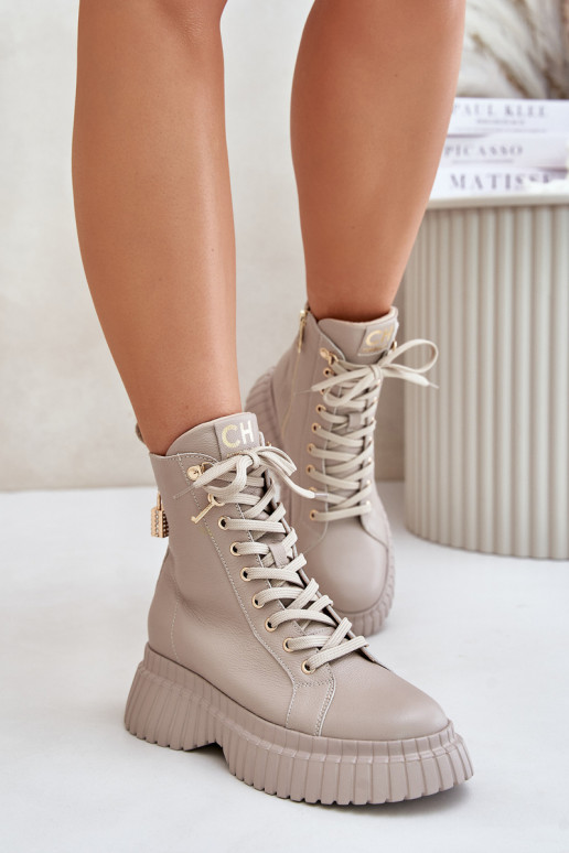 Leather Ankle Boots On Platform With Zipper And Decorative Padlock CheBello 4517 Beige