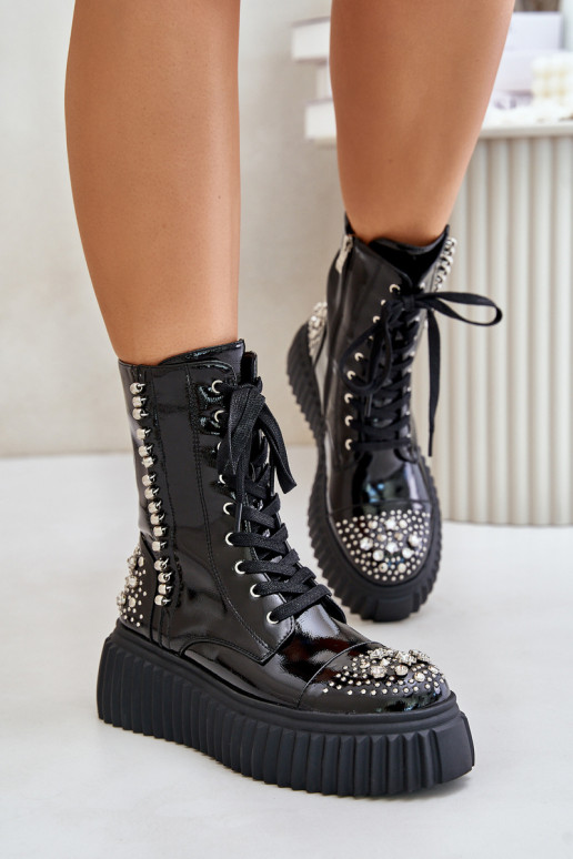 Lacquered Ankle Boots With Decoration On Platform D&A MR880-079 Black