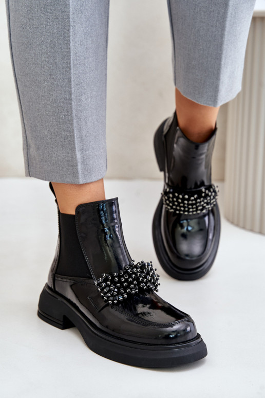 Leather Patent Ankle Boots With Decoration Slip On Warm Black Solimav