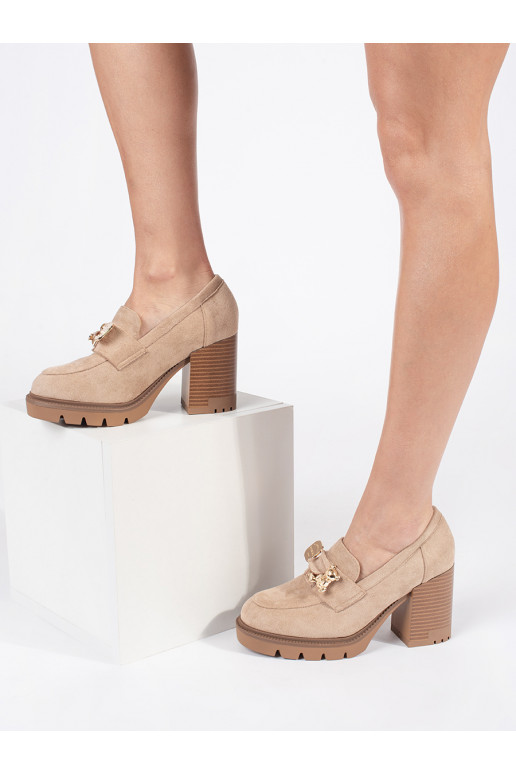 beige Women's boots of suede on highheels z metalowym zdobieniem