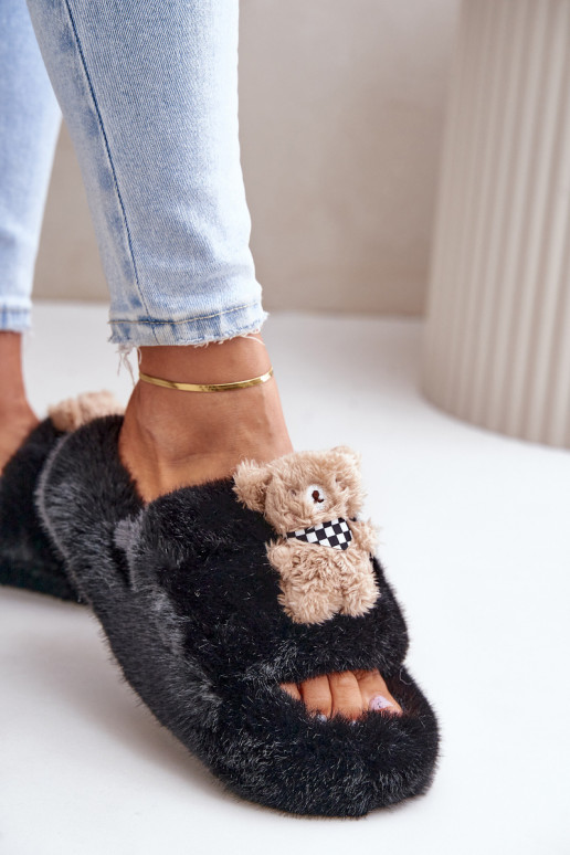 Faux Fur Women's Slippers With Bear Black Romania