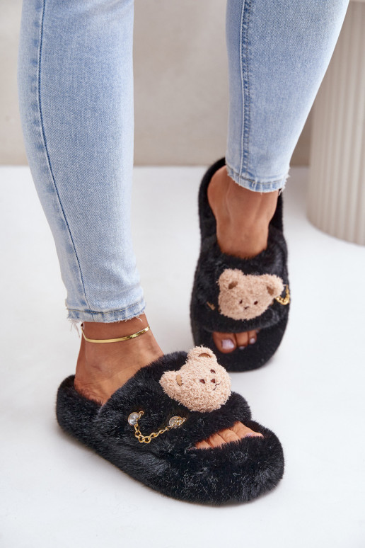 Ladies Fur Slippers With Bear And Decorative Elements Black Innalise