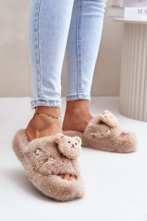 Women s Furry Slippers With Bear And Decorative Elements Beige Innalise