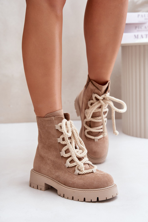 Warm ankle boots made of eco suede with a zipper beige Caellita