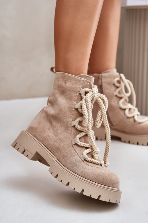 Warm ankle boots made of eco suede with zipper light beige Caellita