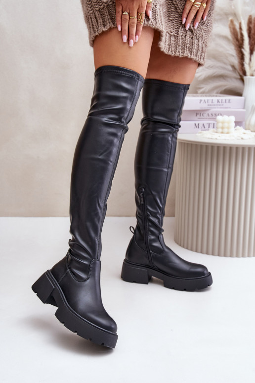 Knee High Platform And Flat Heel Boots Made Of Eco Leather Black Loreviana