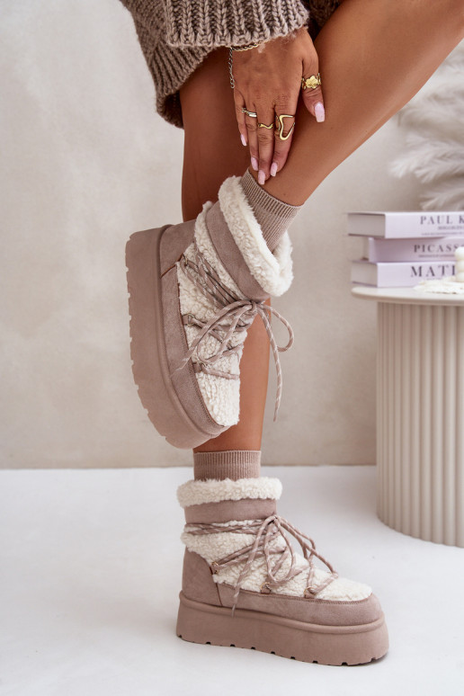 Platform Snow Boots With Lacing Light Beige Izathiel