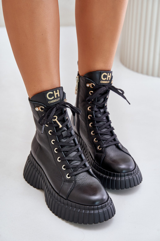 Leather Ankle Boots On Platform With Zipper And Decorative Padlock CheBello 4517 Black