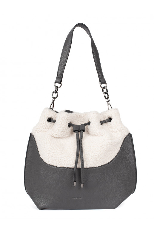 grey elegant handbag with fur typu baranek